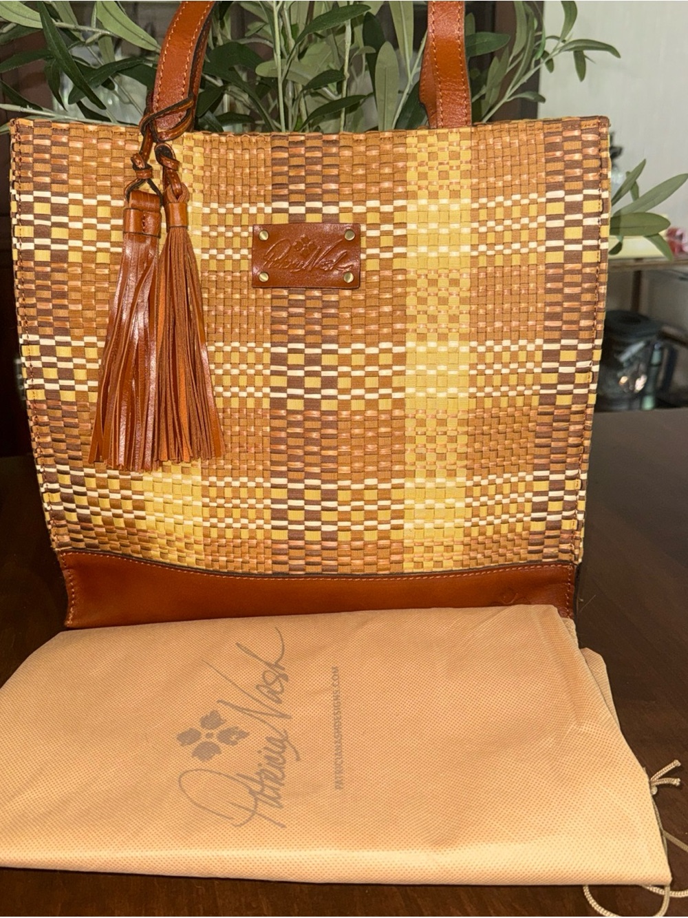 Patricia Nash Tan & Brown Woven Leather Tassel Tote